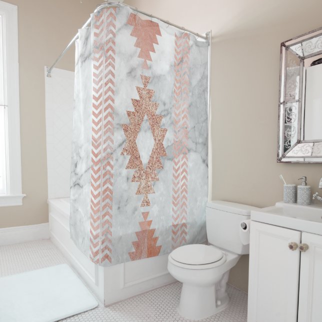 minimalist geometric rose gold aztec white marble shower curtain (In Situ)