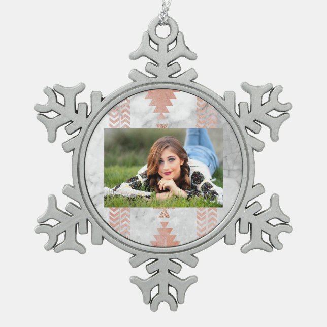 minimalist geometric rose gold aztec white marble snowflake pewter christmas ornament (Front)