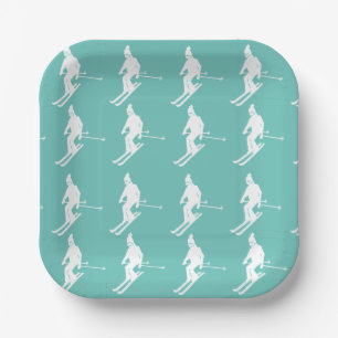 Minimalist Geometric Skiers Winter Teal White   Paper Plate