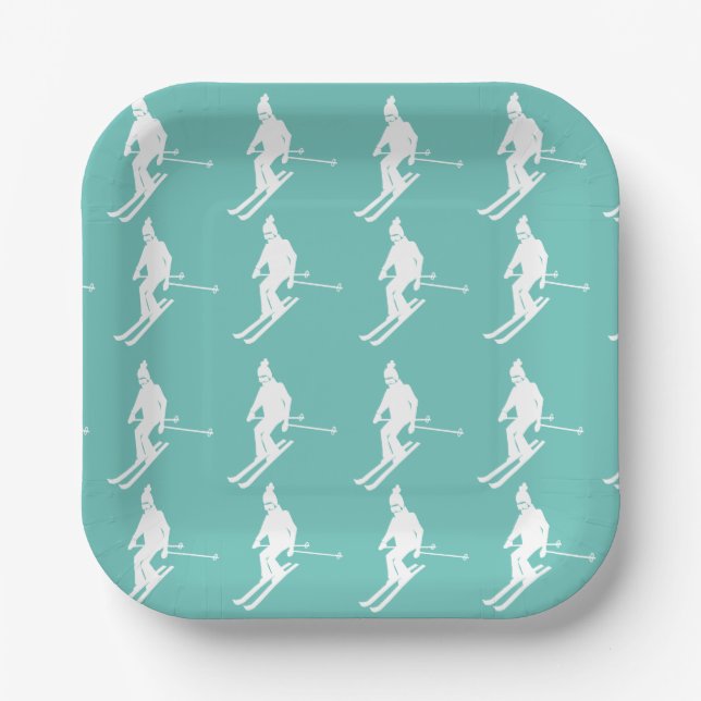 Minimalist Geometric Skiers Winter Teal White   Paper Plate (Front)