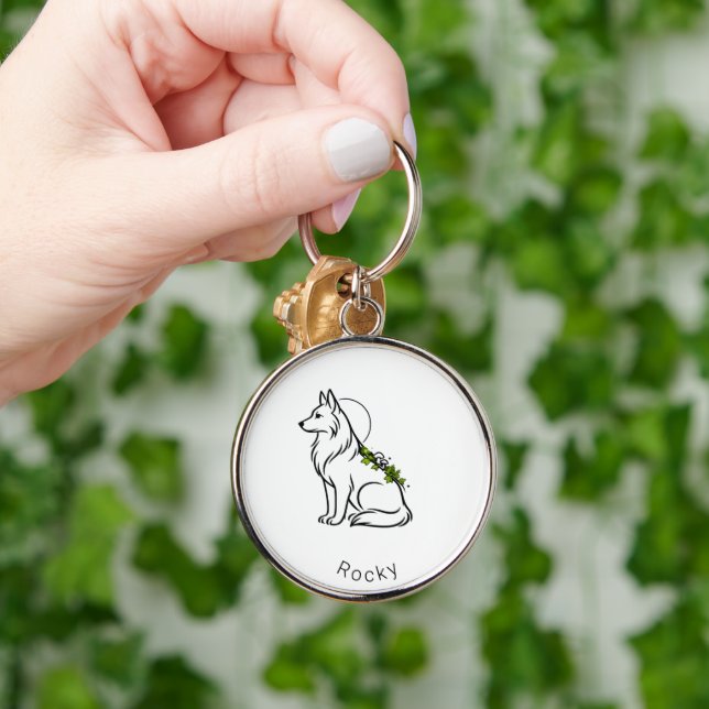 Minimalist German Shepherd Custom Name Silver Plat Key Ring (Hand)