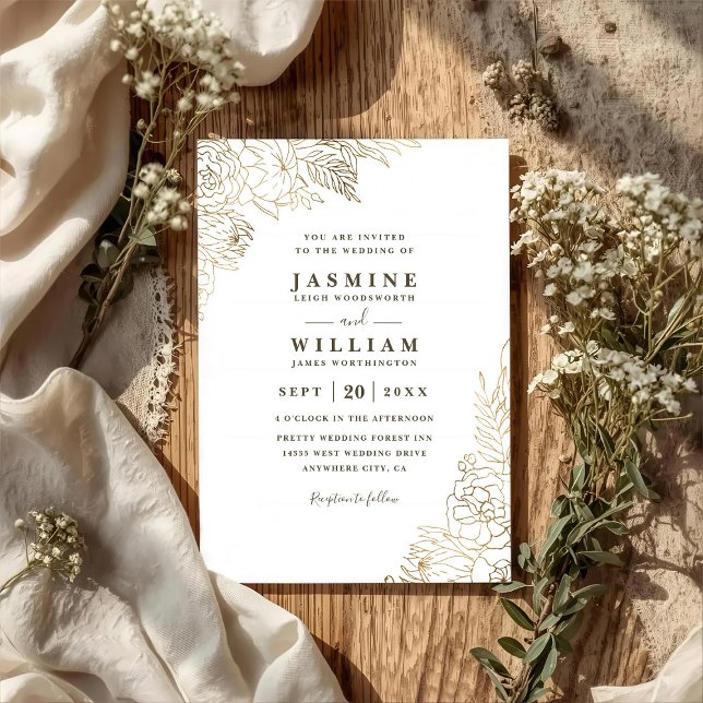 Minimalist Gilded Line Floral Gold QR Code Wedding Invitation (Creator Uploaded)