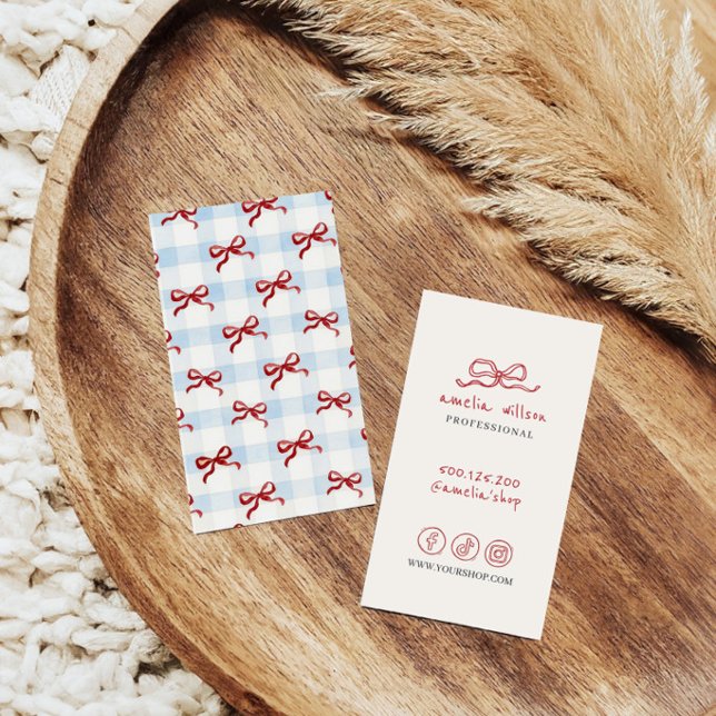 minimalist gingham bow business card (Creator Uploaded)