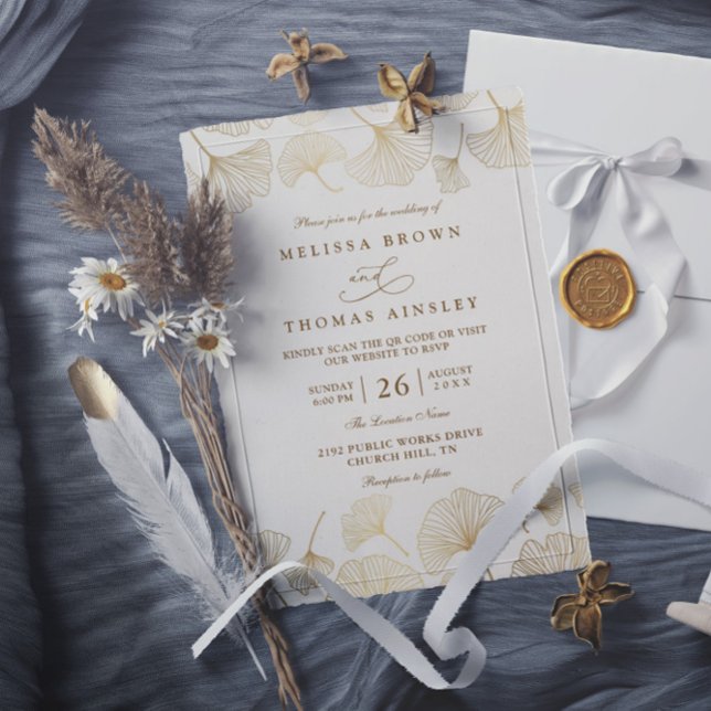 Minimalist Ginkgo Reverie Gold QR Code Wedding Invitation (Creator Uploaded)