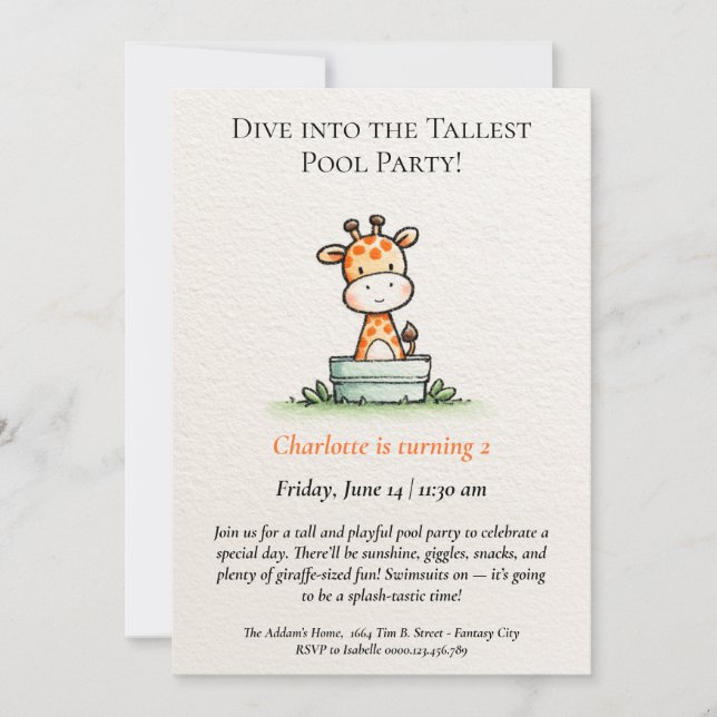 Minimalist Giraffe Pool Party Invitation (Front)