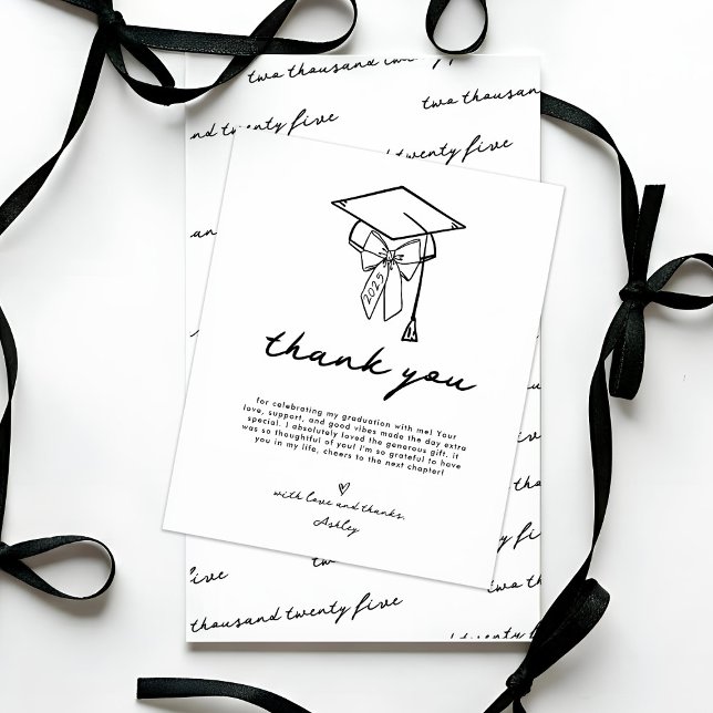 Minimalist Girly Cap Graduation Thank You Card (Bow and Cap Graduation Thank You Card | Feminine Graduation Thank You Card)