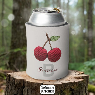 Minimalist Girly Crochet Red Cherry Monogram Name Can Cooler