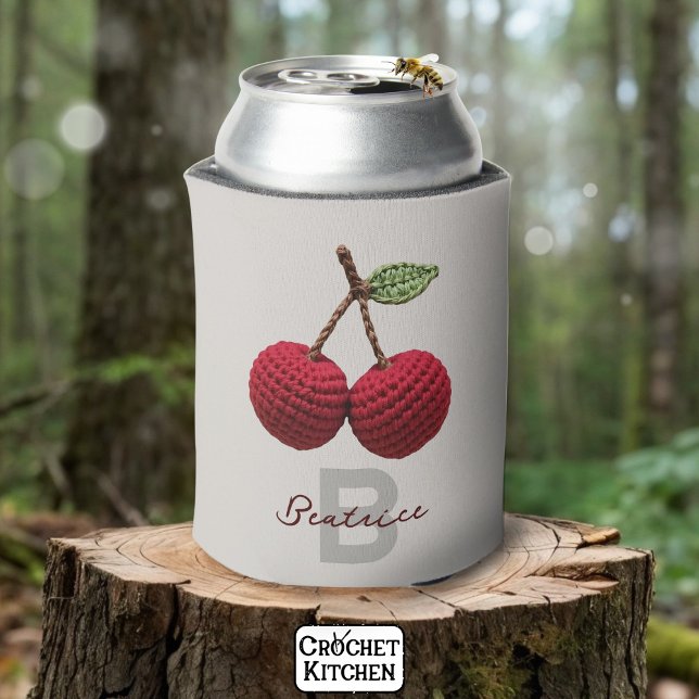 Minimalist Girly Crochet Red Cherry Monogram Name Can Cooler (Creator Uploaded)