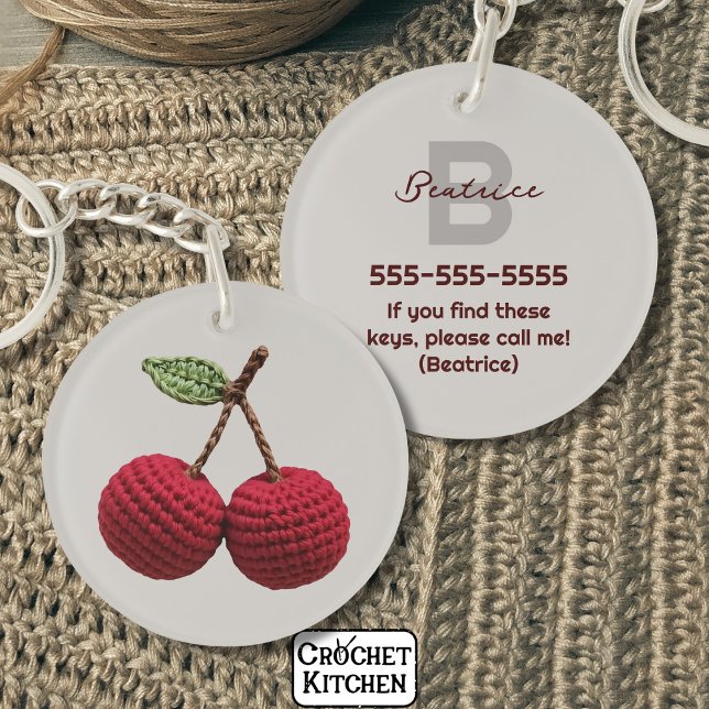 Minimalist Girly Crochet Red Cherry Monogram Name Key Ring (Creator Uploaded)