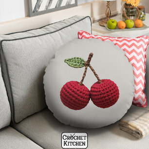 Minimalist Girly Crochet Red Cherry Summer Fresh Round Cushion