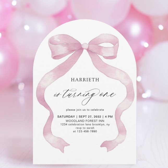 Minimalist Girly Pink Coquette Bow 1st Birthday Invitation (Creator Uploaded)