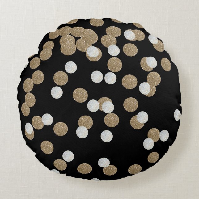 minimalist glitter black champagne gold confetti round cushion (Front)