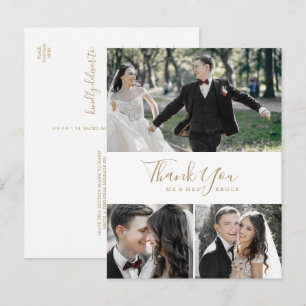 Minimalist Gold 3 Photo Collage Thank You Postcard