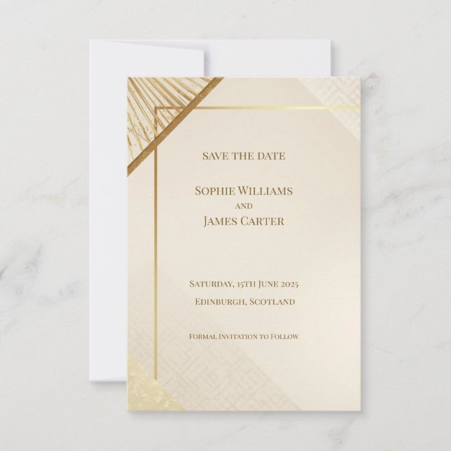 Minimalist Gold Art Deco Wedding Save The Date Car (Front)