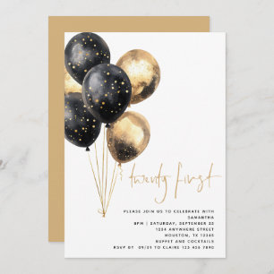 Minimalist Gold Black Balloons 21st Party Invitation