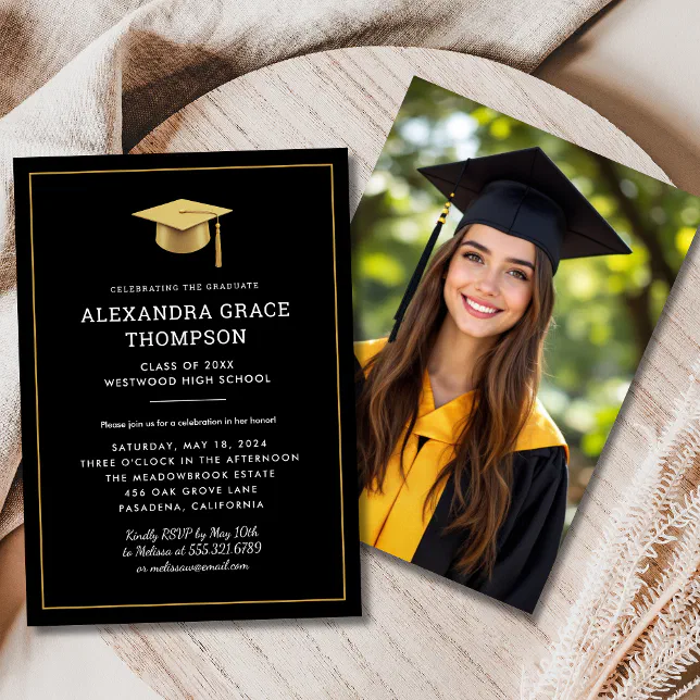 Minimalist Gold Black Photo Modern Graduation Invitation | Zazzle