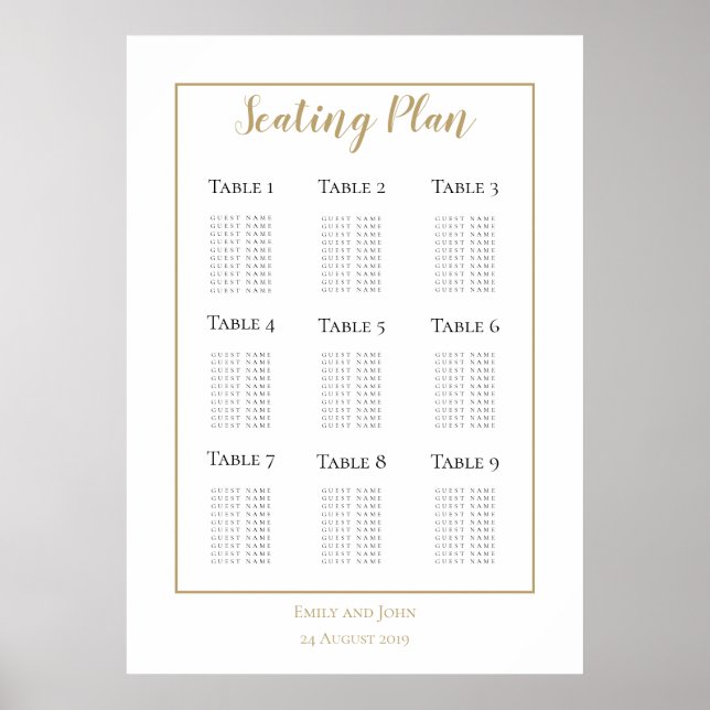 Minimalist Gold Border Design Seating Plan Poster (Front)