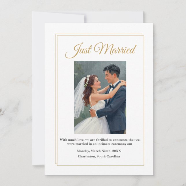 Minimalist Gold Border Wedding Announcement Card (Front)