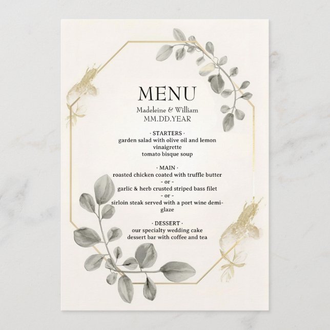Minimalist Gold Botanical Eucalyptus Wedding  Menu (Front)