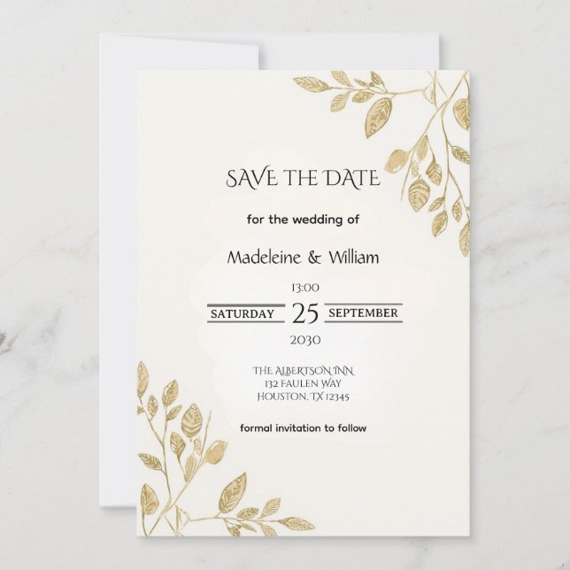 Minimalist Gold Botanical Eucalyptus Wedding Save The Date (Front)