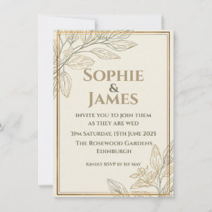 Minimalist Gold Botanical Line Art Wedding Invitat Invitation