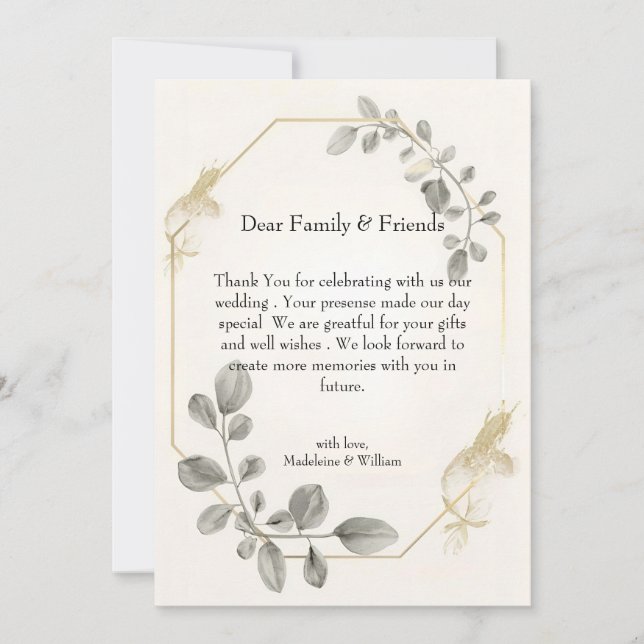 Minimalist Gold Botanical Wedding  Thank You Card (Front)