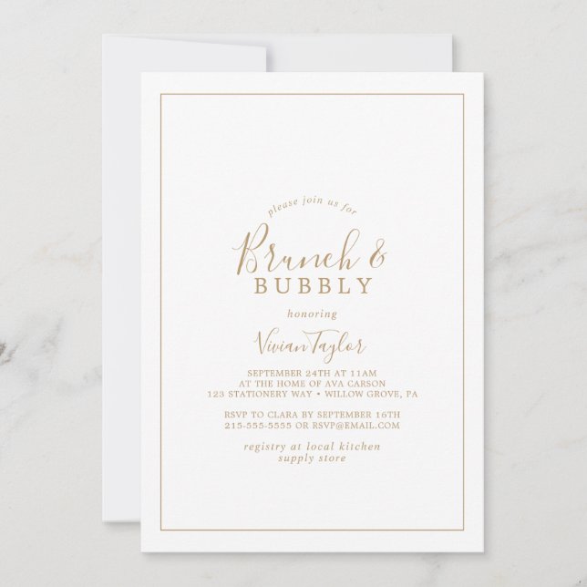 Minimalist Gold Brunch and Bubbly Bridal Shower Invitation (Front)