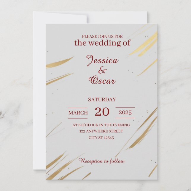 Minimalist Gold Brushstroke Design Wedding Invitation (Front)