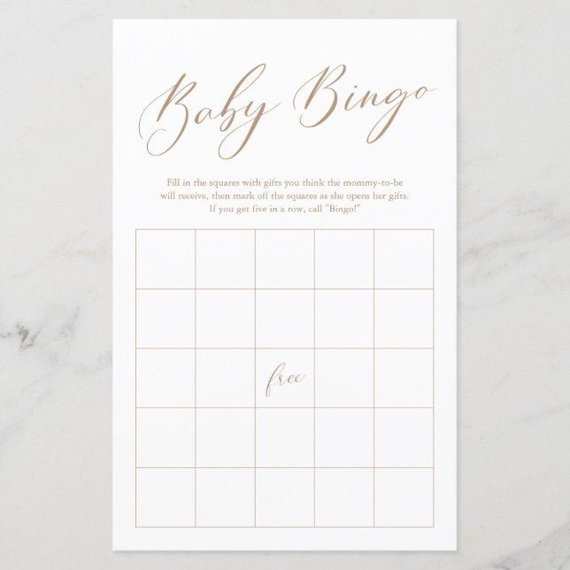 Minimalist Gold Calligraphy Bingo Baby Shower Game (Front)