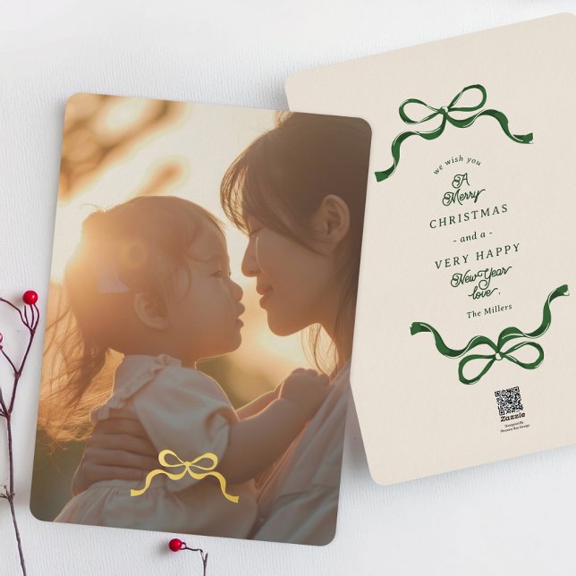 minimalist gold christmas bow | photo foil holiday card (Creator Uploaded)
