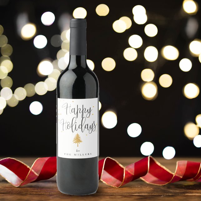 Minimalist Gold Christmas Tree Happy Holidays  Wine Label (Minimalist Gold Christmas Tree Happy Holidays Wine Label)