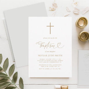 Minimalist Gold Cross Calligraphy Baptism Invitation