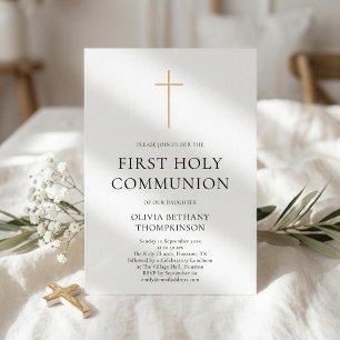 Minimalist Gold Cross First Holy Communion Invitation