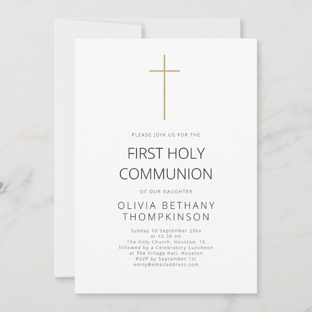 Minimalist Gold Cross First Holy Communion Invitation (Front)