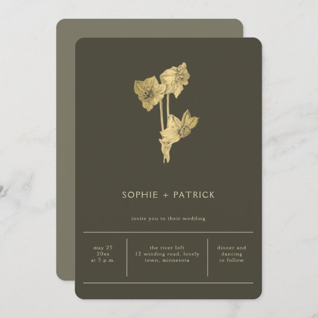 Minimalist Gold Daffodils Dark Sage Spring Wedding Invitation (Front/Back)