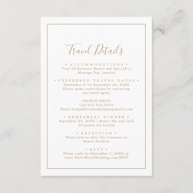 Minimalist Gold Destination Wedding Travel Details Enclosure Card (Front)