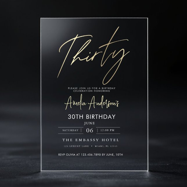 Minimalist Gold Elegant Script 30th Birthday Acrylic Invitations (Creator Uploaded)