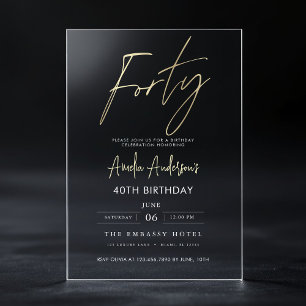 Minimalist Gold Elegant Script 40th Birthday Acrylic Invitations
