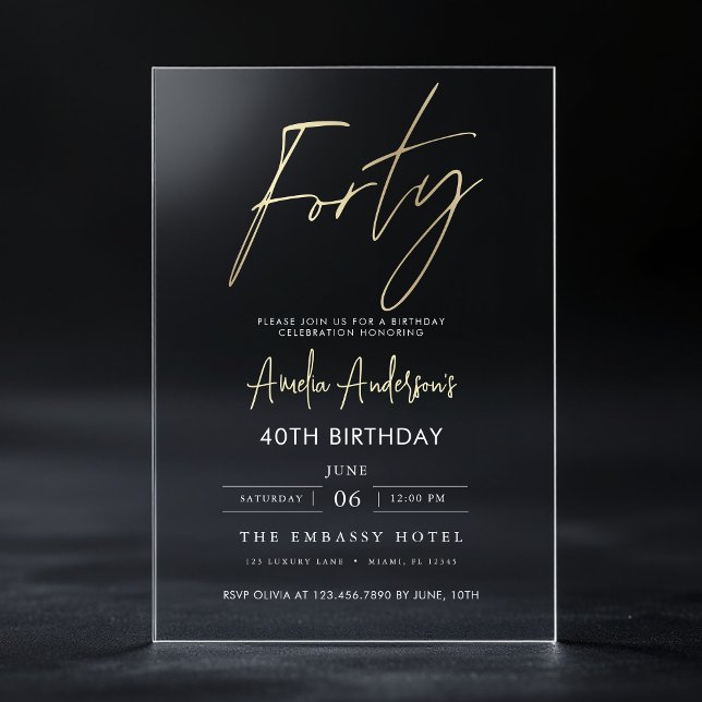 Minimalist Gold Elegant Script 40th Birthday Acrylic Invitations (Creator Uploaded)