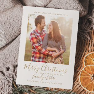 Minimalist Gold Family of Three Pregnancy Photo Holiday Card