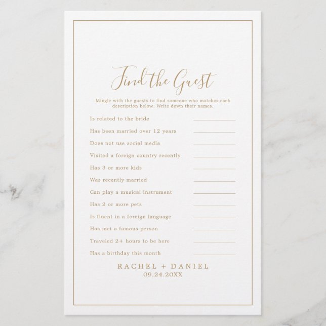 Minimalist Gold Find the Guest Wedding Game Flyer (Front)