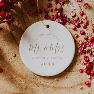 Minimalist Gold First Christmas Wedding Photo Ceramic Ornament