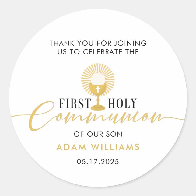 Minimalist Gold First Holy Communion Thank You  Classic Round Sticker (Front)