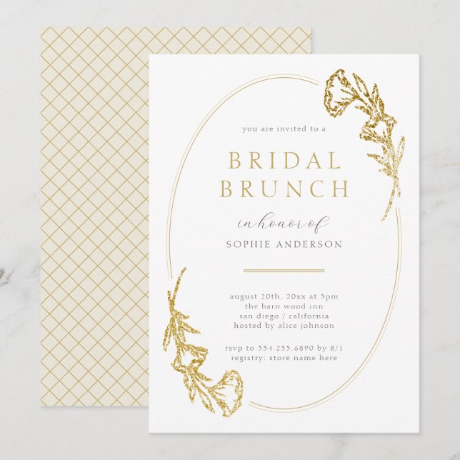 Minimalist Gold Floral Bridal Shower Brunch Invitation (Front/Back)