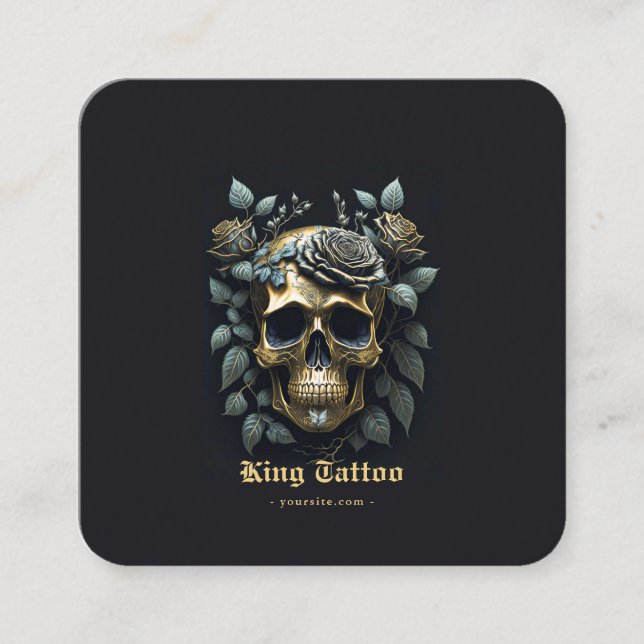 Minimalist Gold Floral Skull Tattoo Artist  Square Business Card (Front)