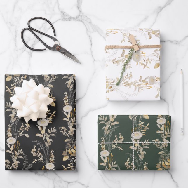 Minimalist Gold Florals Wrapping Paper Set  (Front)