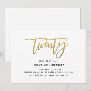 Minimalist Gold Foil 20th Birthday Invitation