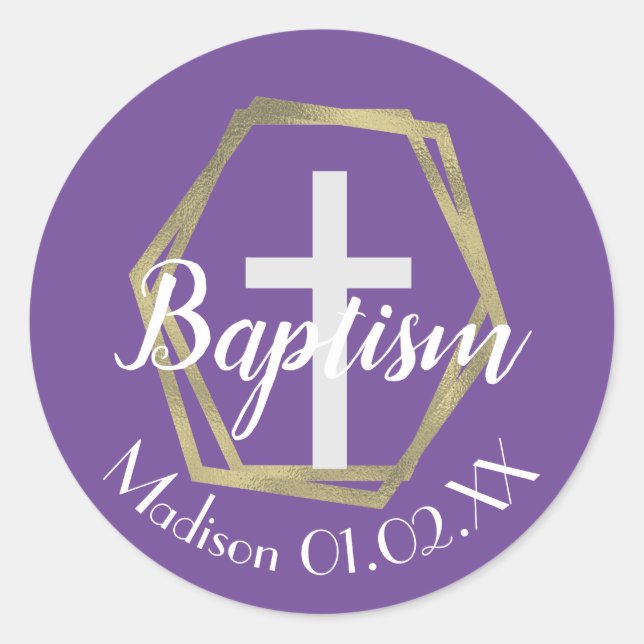 Minimalist Gold Foil Baptism Cross Child's Name Classic Round Sticker (Front)