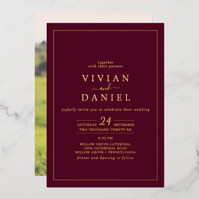 Minimalist Gold Foil | Burgundy Photo Back Wedding (Front/Back)
