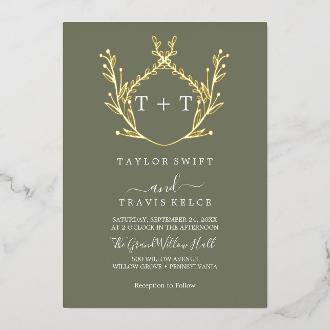 Minimalist Gold Foil Leaf Dark Green Monogram Wedd (Front)
